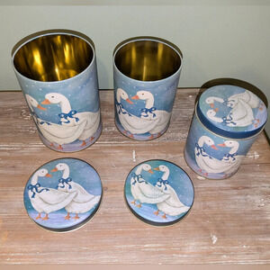 Vintage Tin Canisters set of 3 Blue Ribbon Goose Nesting Snow